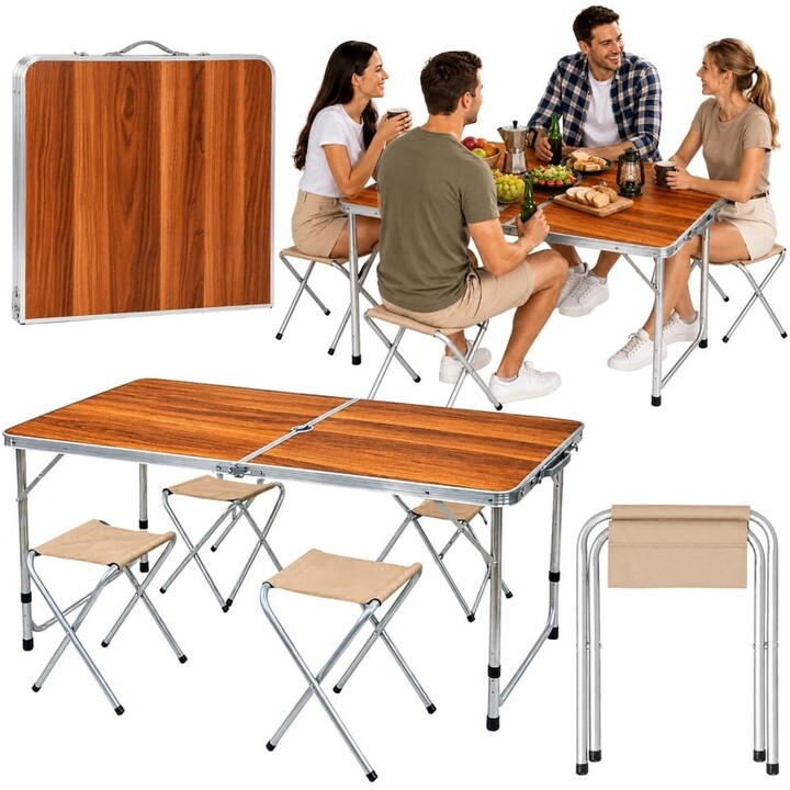 Conjunto de muebles plegables para acampada Lean 29319: mesa y 4 taburetes, de madera