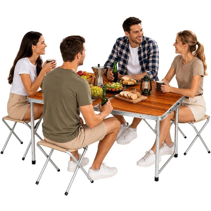 Conjunto de muebles plegables para acampada Lean 29319: mesa y 4 taburetes, de madera
