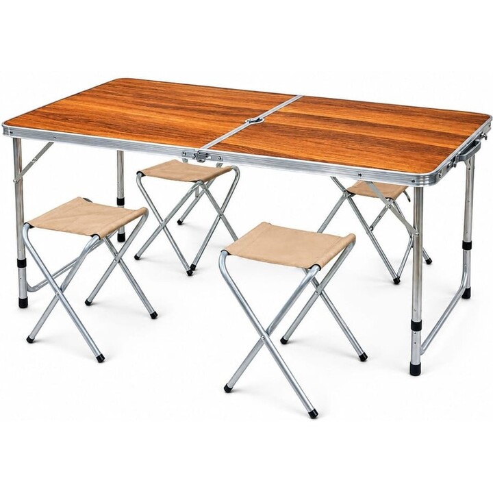 Conjunto de muebles plegables para acampada Lean 29319: mesa y 4 taburetes, de madera
