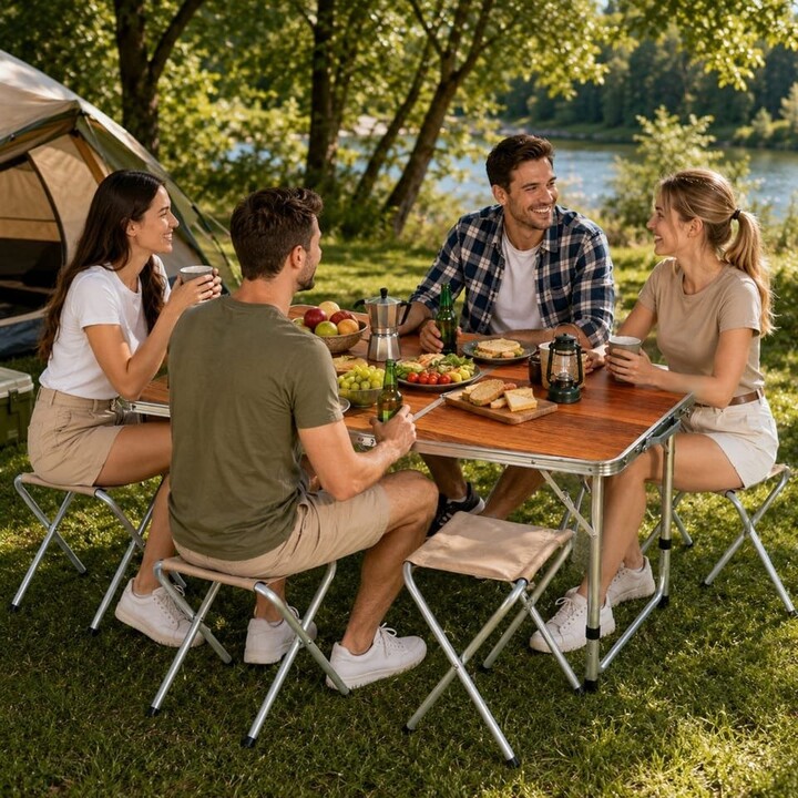 Conjunto de muebles plegables para acampada Lean 29319: mesa y 4 taburetes, de madera