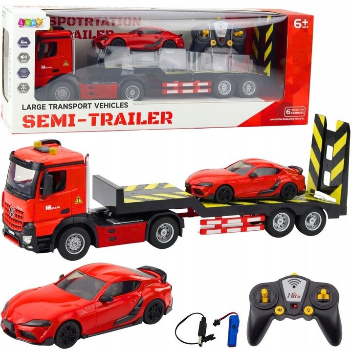 22707 RC: Camión de juguete transportador de coches con mando a distancia, escala 1:16, rojo