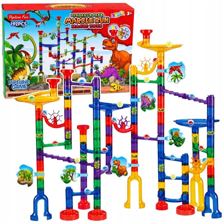 32085 Juego de bloques de construcción con túnel y pista de bolas con dinosaurios de colores, 192 piezas