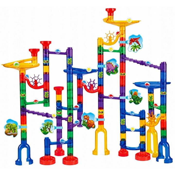 32085 Juego de bloques de construcción con túnel y pista de bolas con dinosaurios de colores, 192 piezas