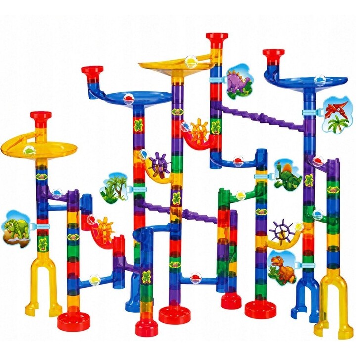 32085 Juego de bloques de construcción con túnel y pista de bolas con dinosaurios de colores, 192 piezas