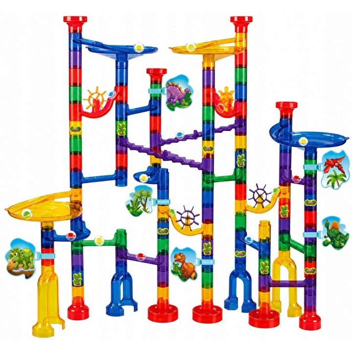 32085 Juego de bloques de construcción con túnel y pista de bolas con dinosaurios de colores, 192 piezas