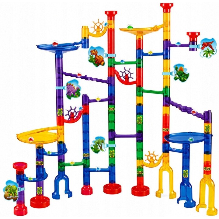 32085 Juego de bloques de construcción con túnel y pista de bolas con dinosaurios de colores, 192 piezas