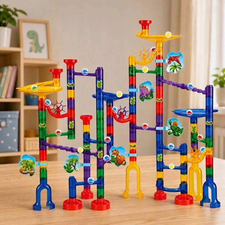 32085 Juego de bloques de construcción con túnel y pista de bolas con dinosaurios de colores, 192 piezas