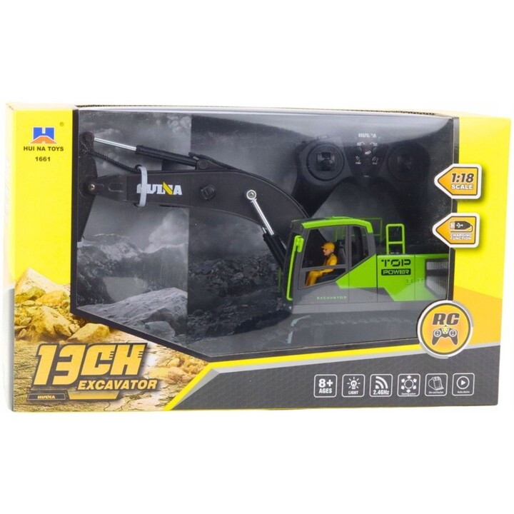 14019 Huina: Excavadora de orugas de juguete con mando a distancia, escala 1:18, color verde