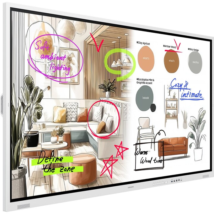 Flipchart Samsung Flip WM75FX de 189 cm (75 polegadas) com suporte Neomounts FL50-525WH1 e carrinho com rodas MOVE Go.