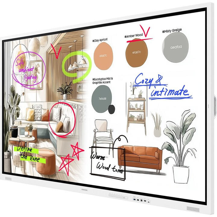 Flipchart Samsung Flip WM75FX de 189 cm (75 polegadas) com suporte Neomounts FL50-525WH1 e carrinho com rodas MOVE Go.