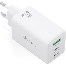 Caricabatterie da parete Aisens GaN ASCH-65W3P072-W/ 2xUSB Type-C/ 1xUSB/ 65W/ Bianco