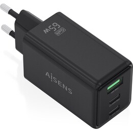 Cargador de Pared GaN Aisens ASCH-65W3P073-BK/ 2xUSB Tipo-C/ 1xUSB/ 65W/ Negro