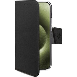 WALLY - Custodia a libro in ecopelle con chiusura a patta magnetica, scomparti per carte e funzione supporto, nera, compatibile 