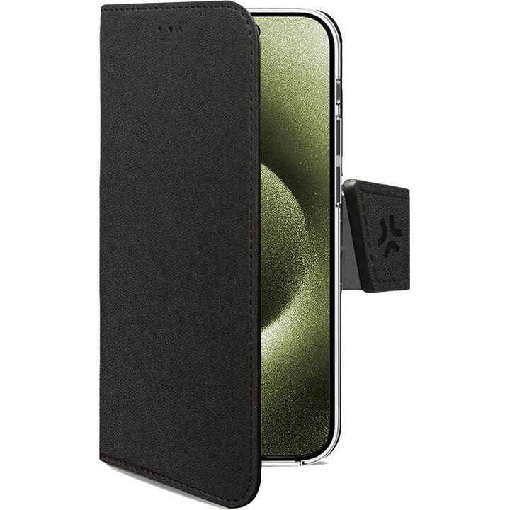 WALLY - Capa tipo livro em imitação de couro com fecho magnético, ranhuras para cartões e função de suporte, preta, compatível c