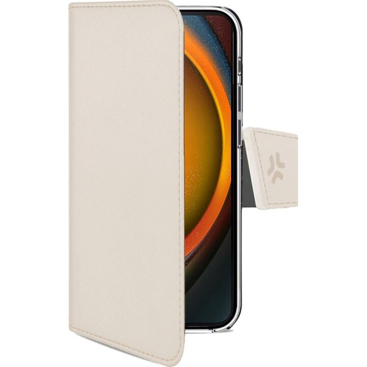 WALLY - Custodia a libro in ecopelle con chiusura a patta magnetica, scomparti per carte e funzione di supporto, colore sabbia, 