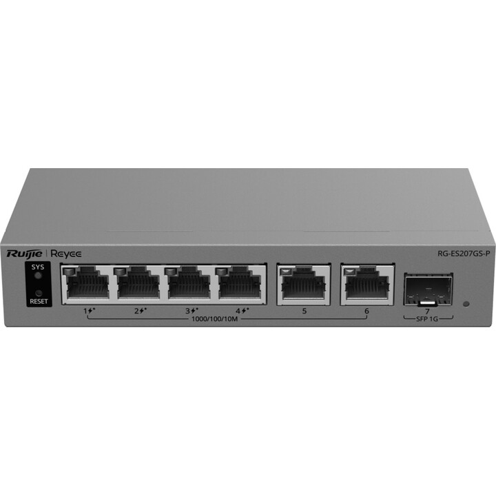 Conmutador PoE+ de 4 puertos Ruijie Reyee RG-ES207GS-P con 1 puerto SFP