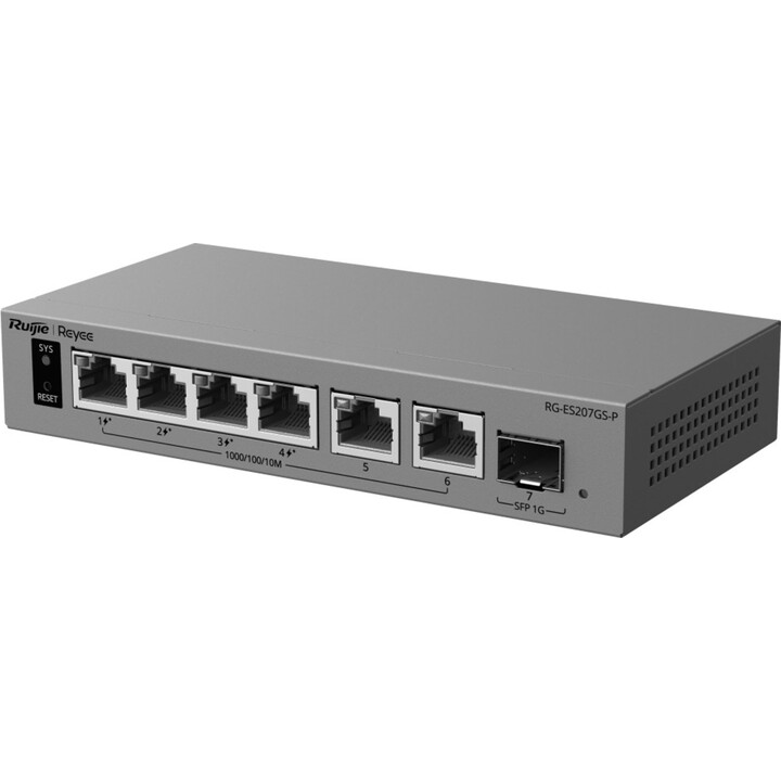 Conmutador PoE+ de 4 puertos Ruijie Reyee RG-ES207GS-P con 1 puerto SFP