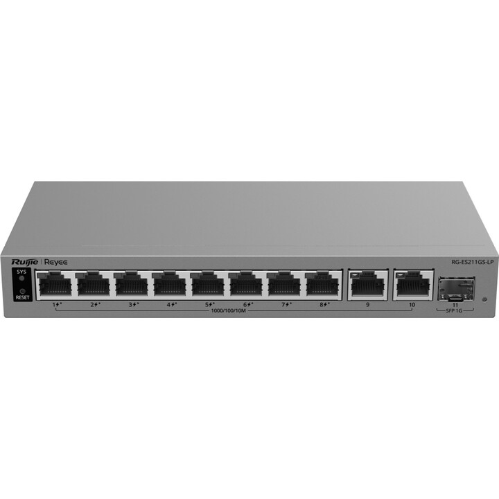 Conmutador PoE+ de 8 puertos Ruijie Reyee RG-ES211GS-LP con 1 puerto SFP
