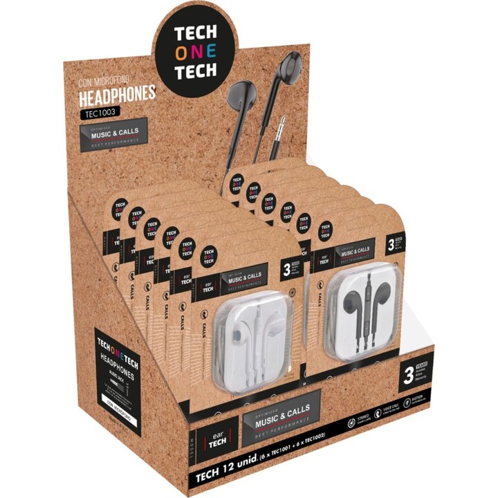 Expositor TECH ONE TECH - Auriculares con Cable · Jack 3.5mm · Negro y Blanco