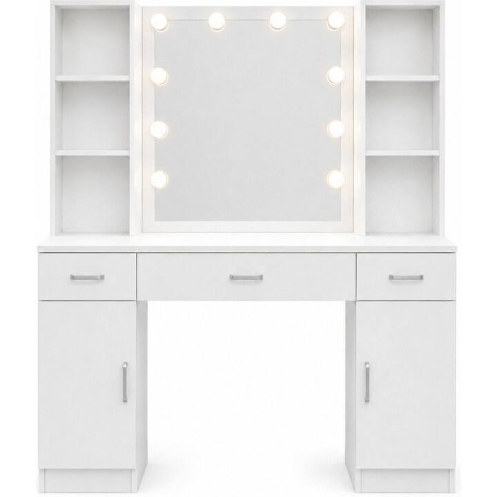 31650 Tocador grande con espejo LED y cajones, blanco, 141 x 114 x 39 cm