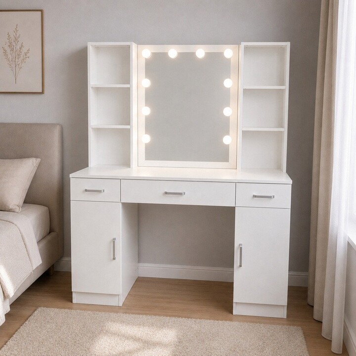 31650 Tocador grande con espejo LED y cajones, blanco, 141 x 114 x 39 cm
