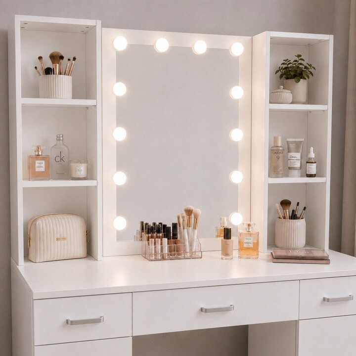 31650 Tocador grande con espejo LED y cajones, blanco, 141 x 114 x 39 cm