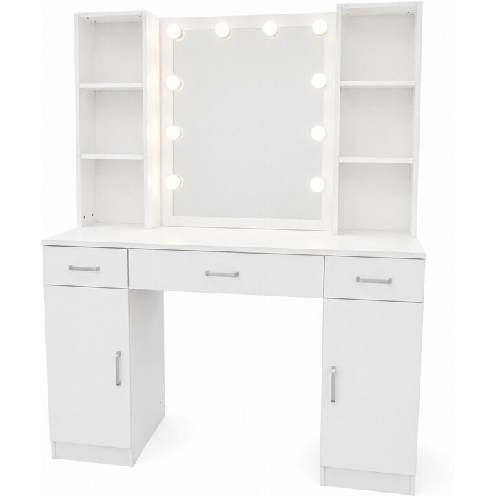 31650 Tocador grande con espejo LED y cajones, blanco, 141 x 114 x 39 cm
