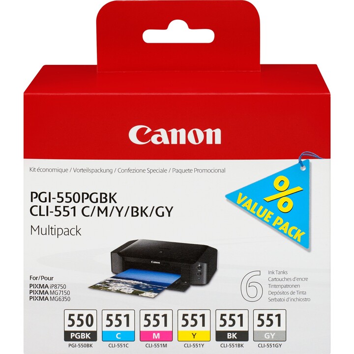 Paquete de 6 cartuchos de impresora Canon PGI-550 / CLI-551 originales - PGBK / GY / C / M / Y / BK