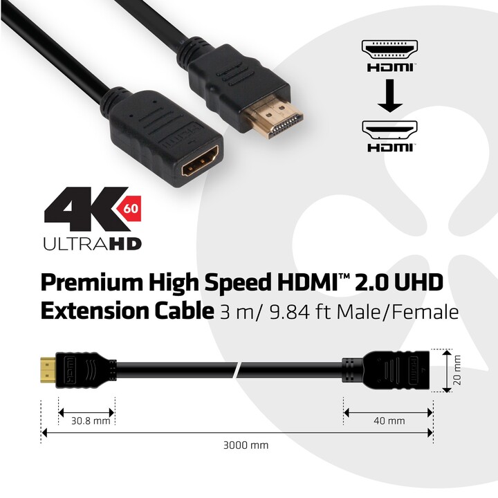 CLUB 3D CAC-1321 High Speed HDMI 2.0 4K60Hz Extension Cable 3m Male/Female