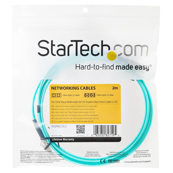 StarTech.com 2m (6ft) LC/UPC to LC/UPC OM3 Multimode Fiber Optic Cable, Full Duplex 50/125µm Zipcord Fiber Cable, 100G, Low Inse