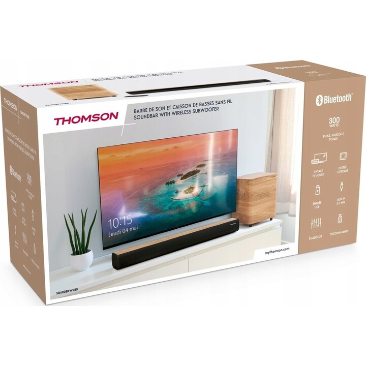 Barre de son Bluetooth Thomson SB400BTWSBK avec caisson de basses sans fil, 300 W, finition bois noir