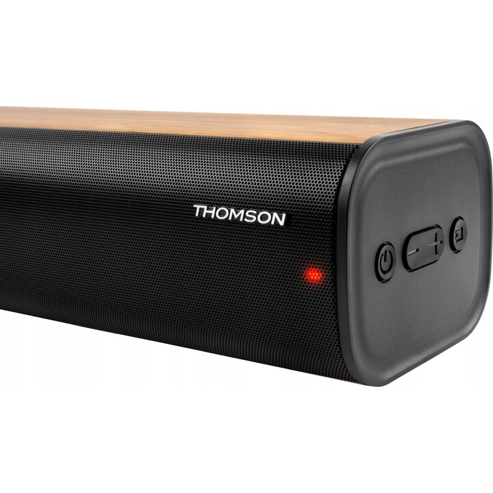 Barra de som Bluetooth Thomson SB400BTWSBK com subwoofer sem fios de 300 W, acabamento em madeira preta