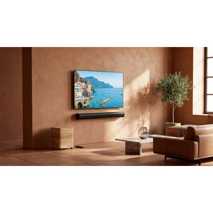 Thomson SB400BTWSBK Bluetooth-Soundbar mit kabellosem Subwoofer, 300 W, Holzoptik, schwarz