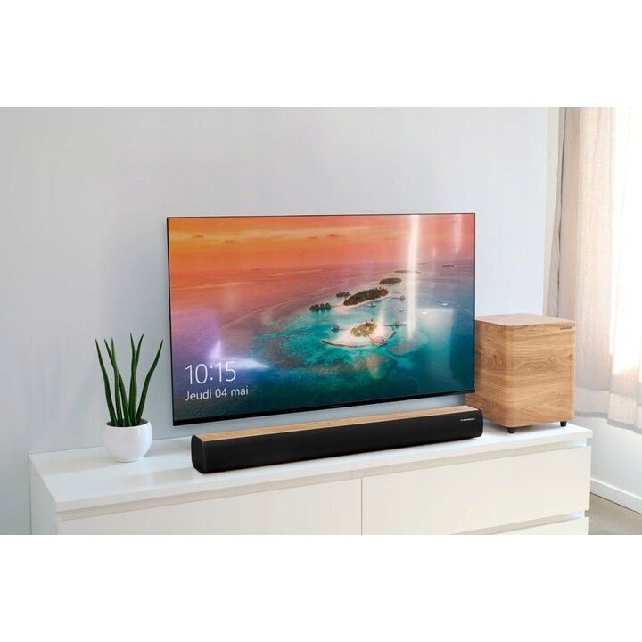 Thomson SB400BTWSBK Bluetooth-Soundbar mit kabellosem Subwoofer, 300 W, Holzoptik, schwarz