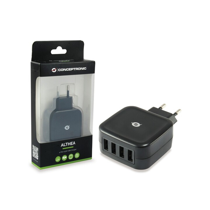 Conceptronic althea 25w 4xusb carregador usb preto para casa