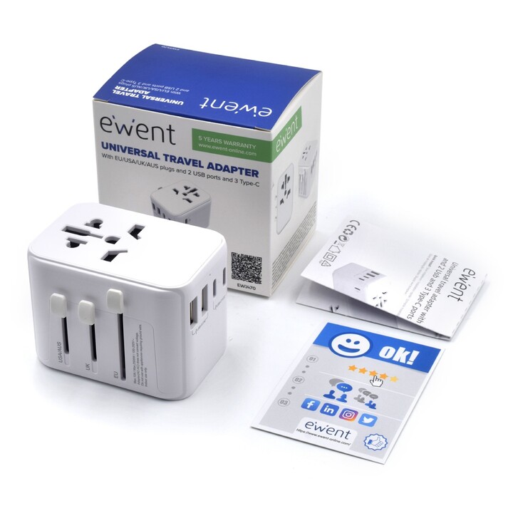 EWENT UNIVERSAL MULTI PLUG ADAPTER + 2X USB + 3X USB-C WHITE