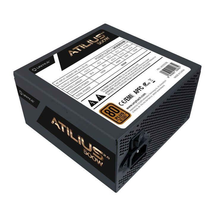 Unyka ATX UK212501 Atilius 2.0 Alimentatore Nero 500W con Ventola APFC 80+ Bronze 120mm, UL Listed