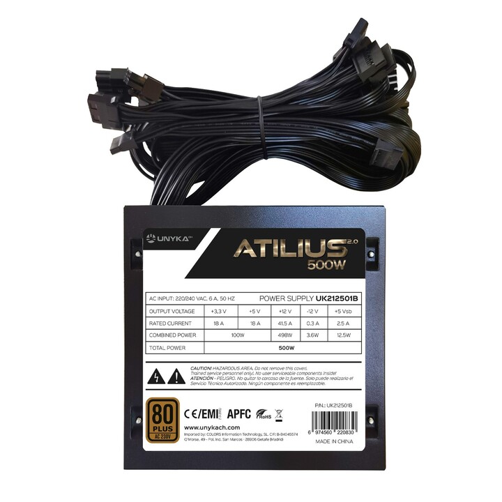 Unyka ATX UK212501 Atilius 2.0 Alimentatore Nero 500W con Ventola APFC 80+ Bronze 120mm, UL Listed