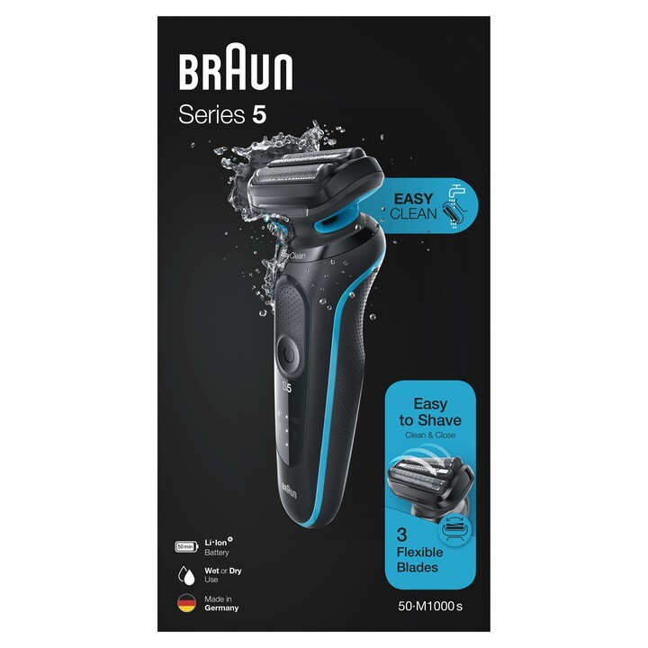 Braun Series 5 50m1000s Shaver, 3 Flexible Blades, EasyClean, Lithium Battery, 50-Minute Quick Charge