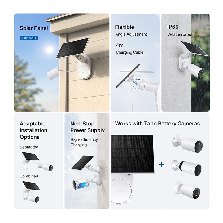 TP-Link Tapo A201 Solarpanel, 4 m Kabel, einstellbarer Winkel, IP65-Schutz, kompatibel mit Kameras