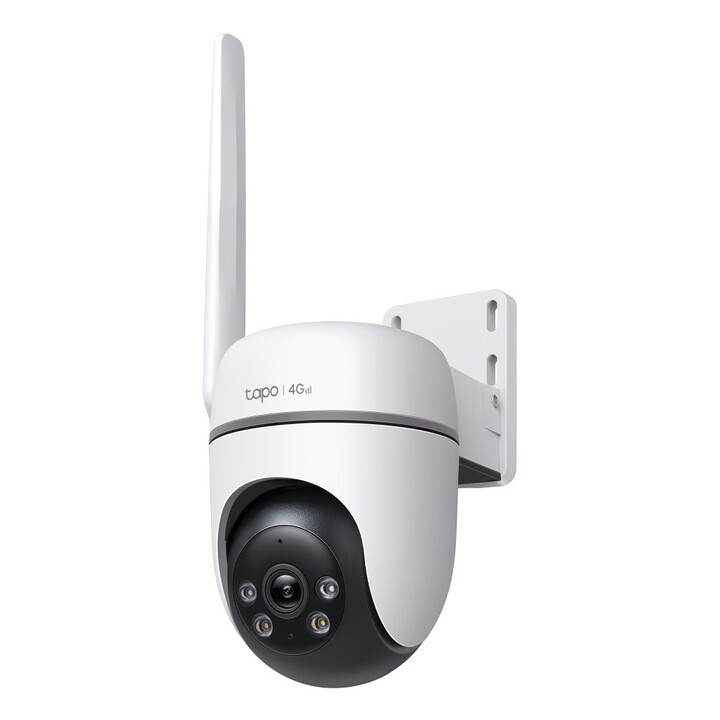 TP-Link Tapo TC40GW FHD IP66 4G LTE Outdoor-IP-Kamera mit Licht- und Tonalarm, DC- und PoE-Stromversorgung.