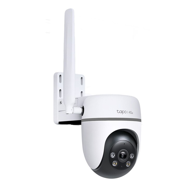 TP-Link Tapo TC40GW FHD IP66 4G LTE Outdoor-IP-Kamera mit Licht- und Tonalarm, DC- und PoE-Stromversorgung.