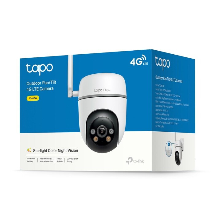 TP-Link Tapo TC40GW FHD IP66 4G LTE Outdoor-IP-Kamera mit Licht- und Tonalarm, DC- und PoE-Stromversorgung.