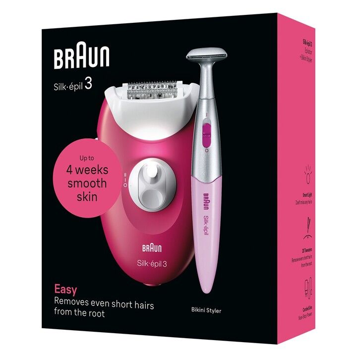 Épilateur filaire Braun Silk-épil 3 SE3-202 avec 20 pincettes et lumière couleur framboise
