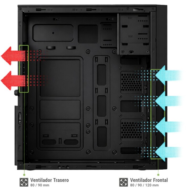Gabinete Coolbox A780 GPU Max Mid-Tower ATX. Conector USB-C de 310 mm na cor preta.