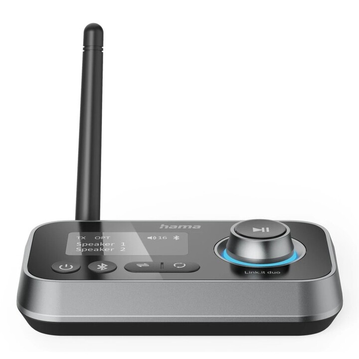 Hama Link.it Duo Bluetooth-Adapter, Sender/Empfänger, 3,5-mm-Klinkenanschluss, USB-C-Anschluss, 1 m LCD-Display, Bedienelemente