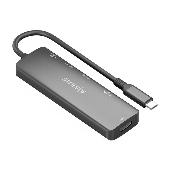 Station d'accueil USB Type-C Aisens ASUC-5P011-GR / 1 port HDMI 4K / 2 ports USB / 1 port USB Type-C PD / 1 lecteur de carte