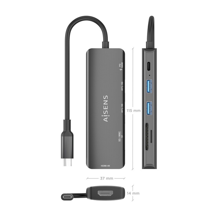 Docking station USB Type-C Aisens ASUC-5P011-GR/ 1xHDMI 4K/ 2xUSB/ 1xUSB Type-C PD/ 1xLettore di schede/ Grigio