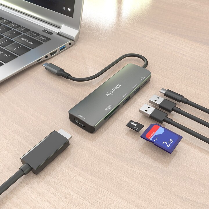 Docking station USB Type-C Aisens ASUC-5P011-GR/ 1xHDMI 4K/ 2xUSB/ 1xUSB Type-C PD/ 1xLettore di schede/ Grigio