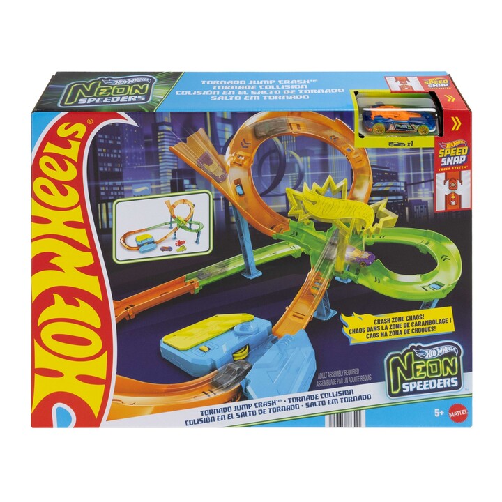Hot Wheels Neon Speeders Stunt Tracks Tornado Jump Crash-Trackset mit motorisiertem Beschleuniger und Spielzeugauto
